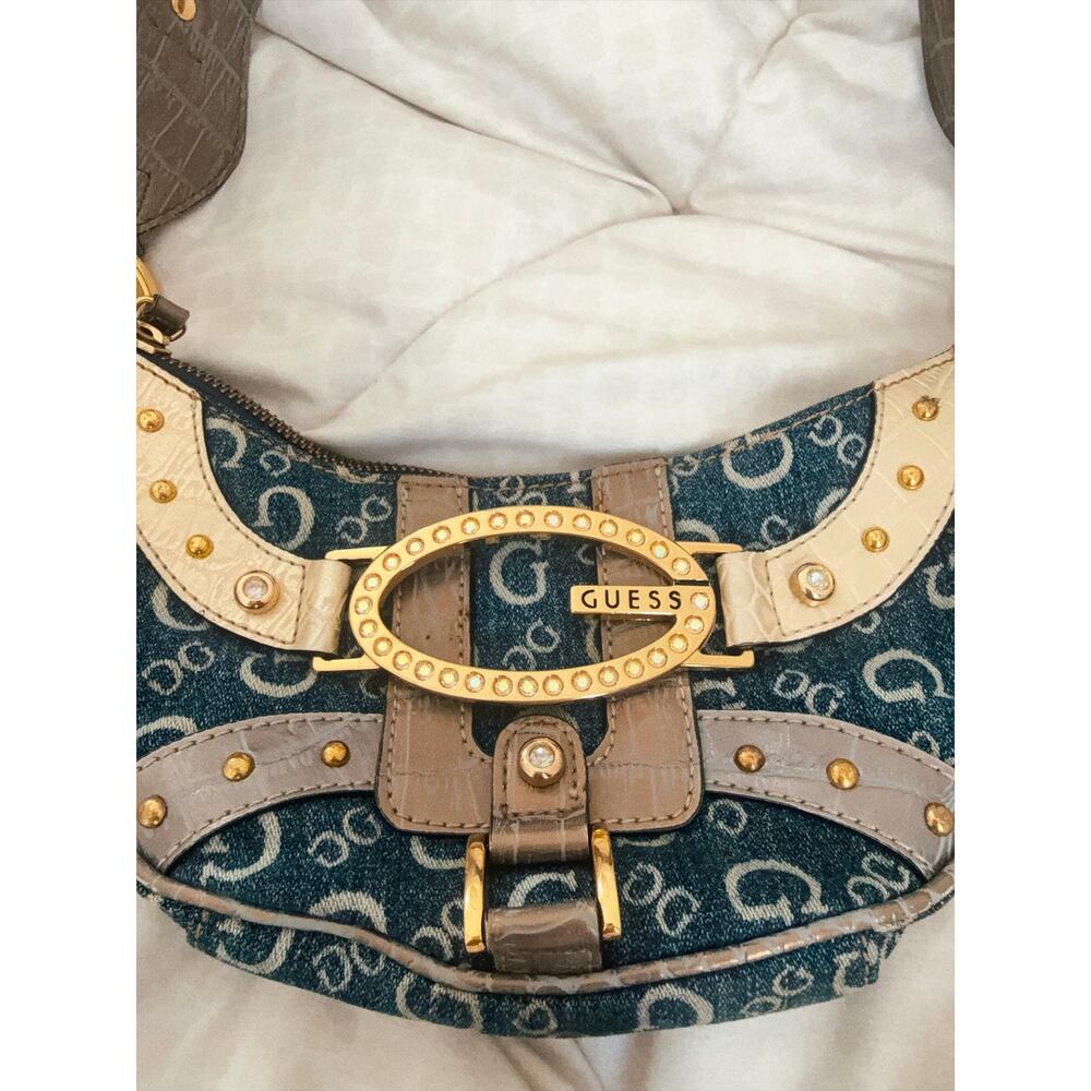 Guess RARE Y2K Vintage Shoulder Bag Monogram Denim Hardware Embellished Archive - Picture 2 of 7
